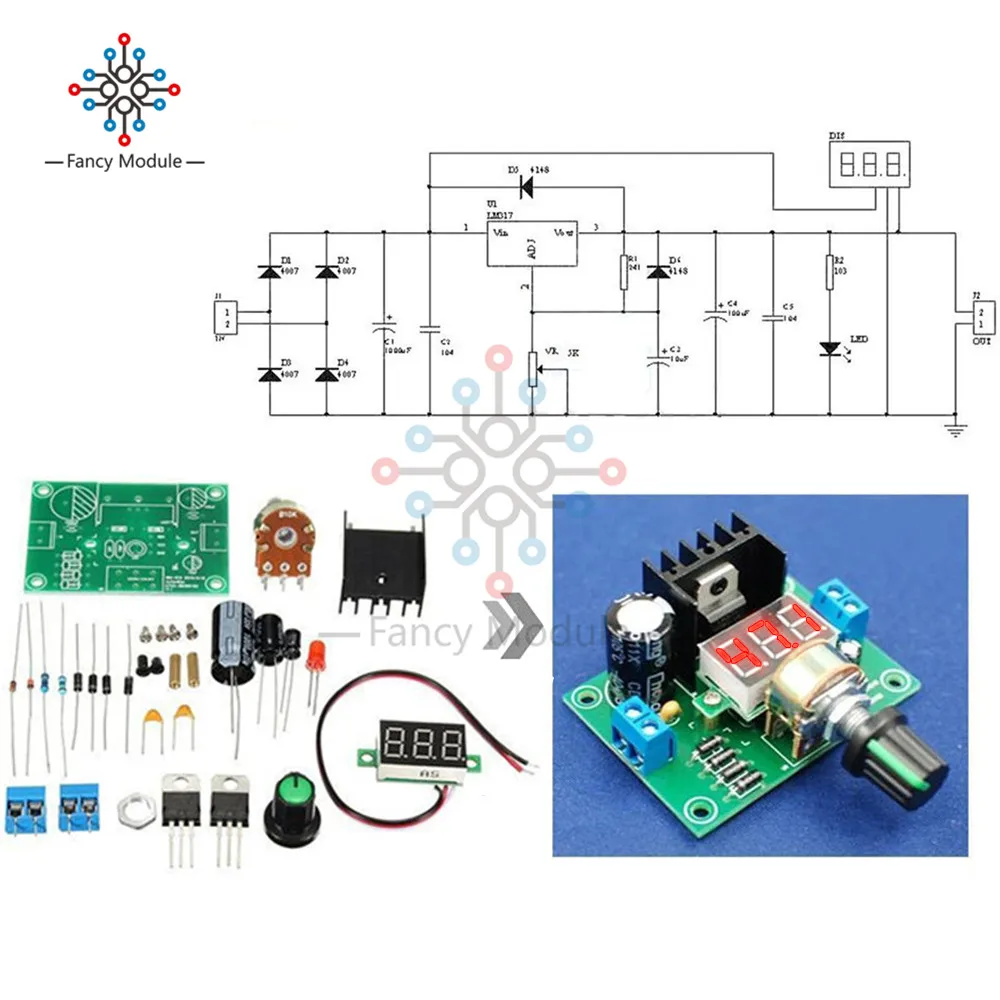 DIY Kit Электрический LM317 регулируемый регулятор напряжения понижающий модуль питания со светодиодной измерительной панелью