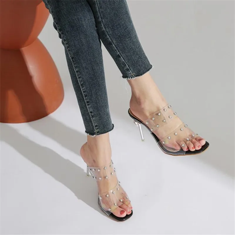 Size 30-48 Thin High Heels Half Slippers 2020 Summer New Women's Shoes Slides Sexy Gladiator Transparent Sandals Shoes For Woman (15)