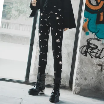 

PUNKRAVE Women's Dark Night Elves Printed Leggings Gothic Elastic Knitted Daily Casual Skinny Leggings Pants