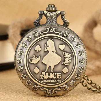 

Alice In Wonderland Pocket Watch Girl Pattern Cover Wome Clock Practical Alloy Slim Chain Pendant Watches relogio de bolso