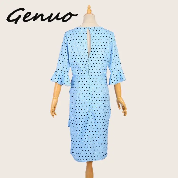 Genuo, новинка, с расклешенными рукавами, в горошек, сексуальные, богемные, пляжные платья, мода, v-образный вырез, макси, подиум, платье, средний рукав, весна, Vestido