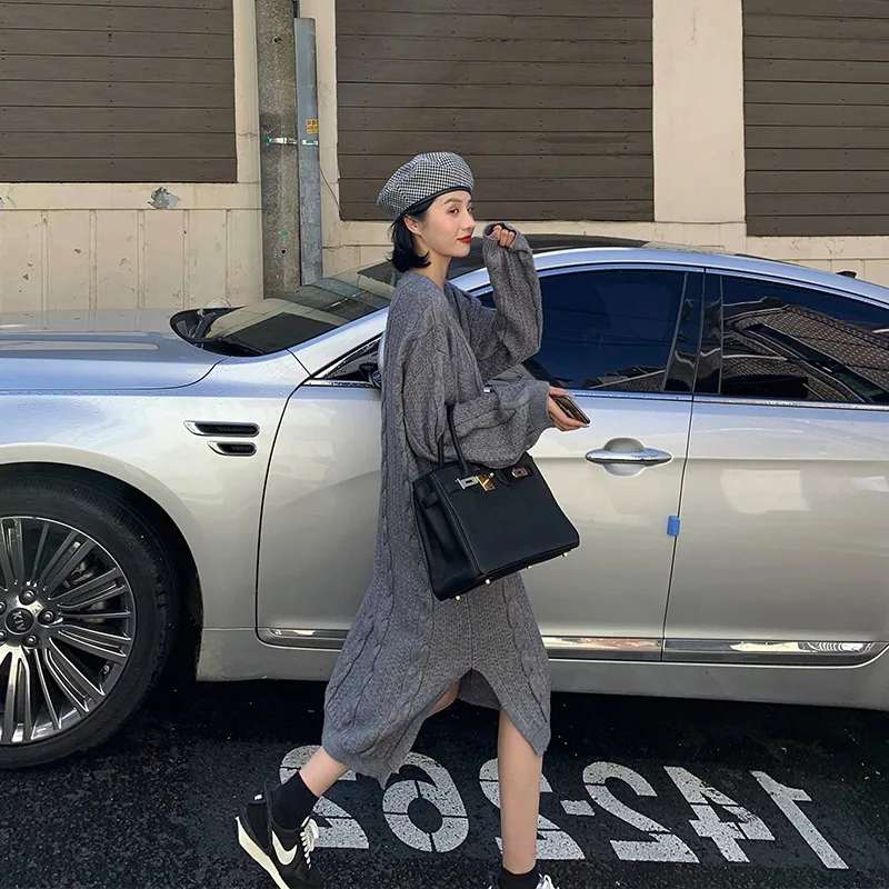 

Sweater Dress Women's Autumn Mid-length Linen Flower Color Slit Long Sleeve Grey Round-collar Pullover Base Dress