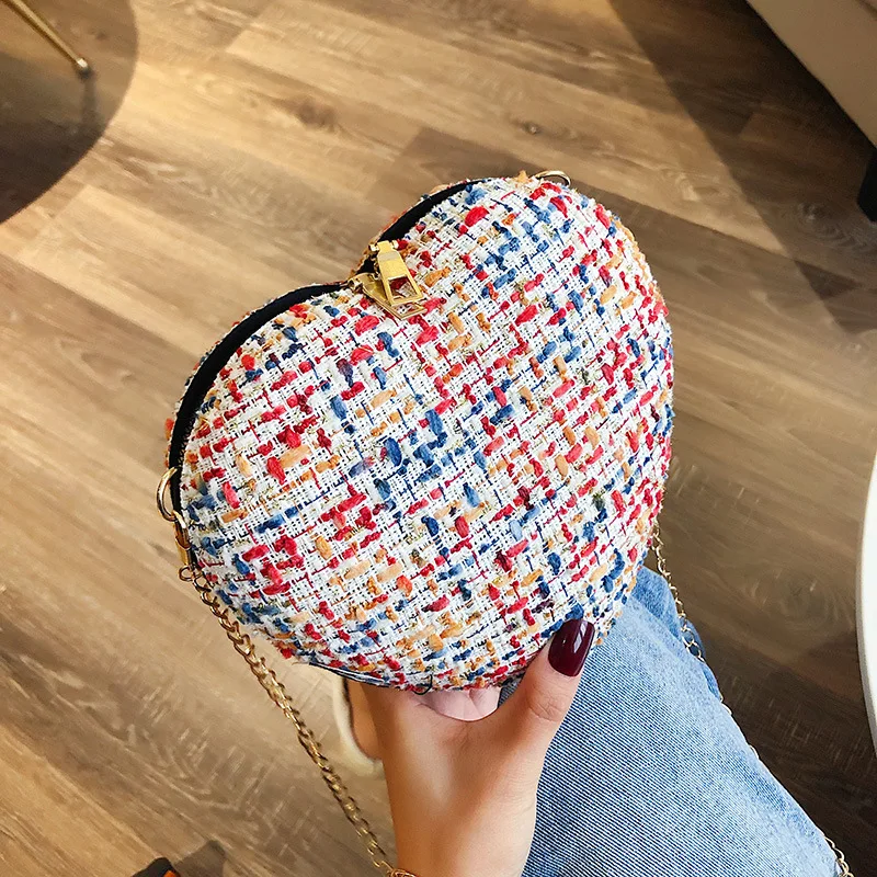 

Small Bag Women's 2020 New High Grade Sense Western Style Bag Textured Chain Shoulder Bag Heart Shape Woolen Cloth Shoulder Bag