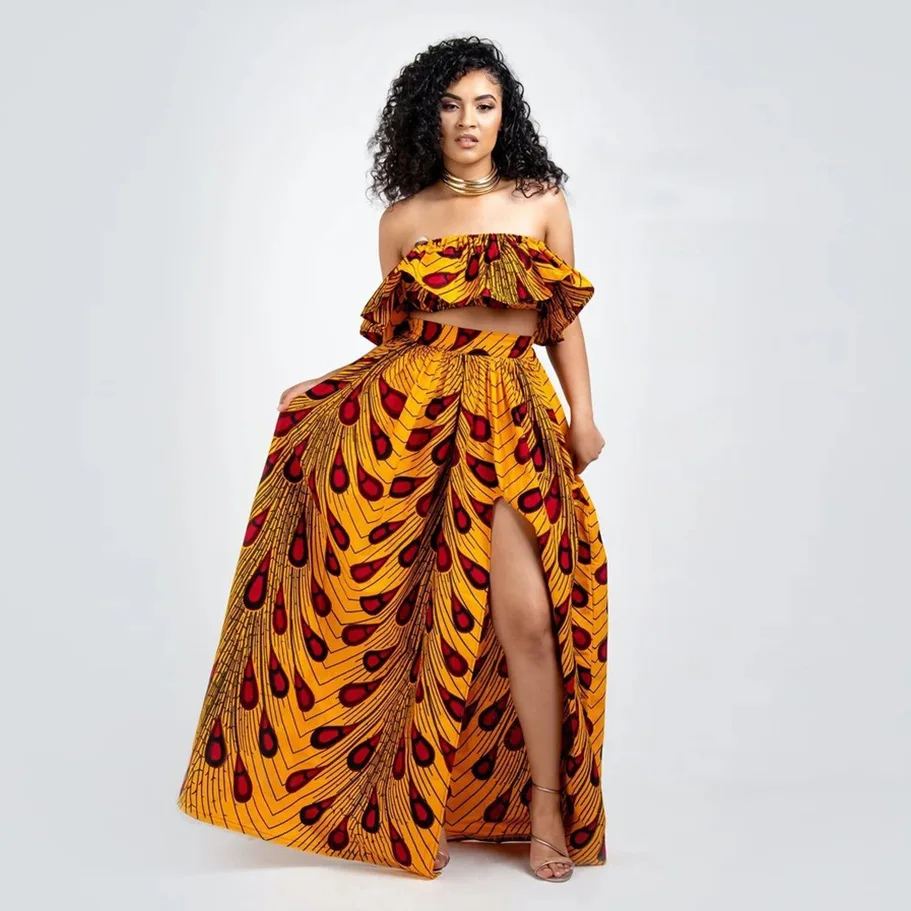 Женский комплект 2 шт., традиционная африканская одежда, укороченные топы и длинная юбка,, летние костюмы, Дашики, принт, Сексуальная рубашка с открытыми плечами