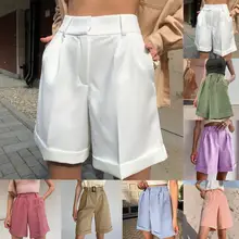 Senhora popular cor sólida em linha reta perna terno shorts feminino elegante shorts bolsos para namoro