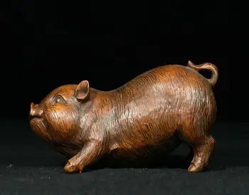 

Wedding Decoration Old China Folk FengShui Boxwood Wood Carved Happy Year Zodiac Animal Pig Statue