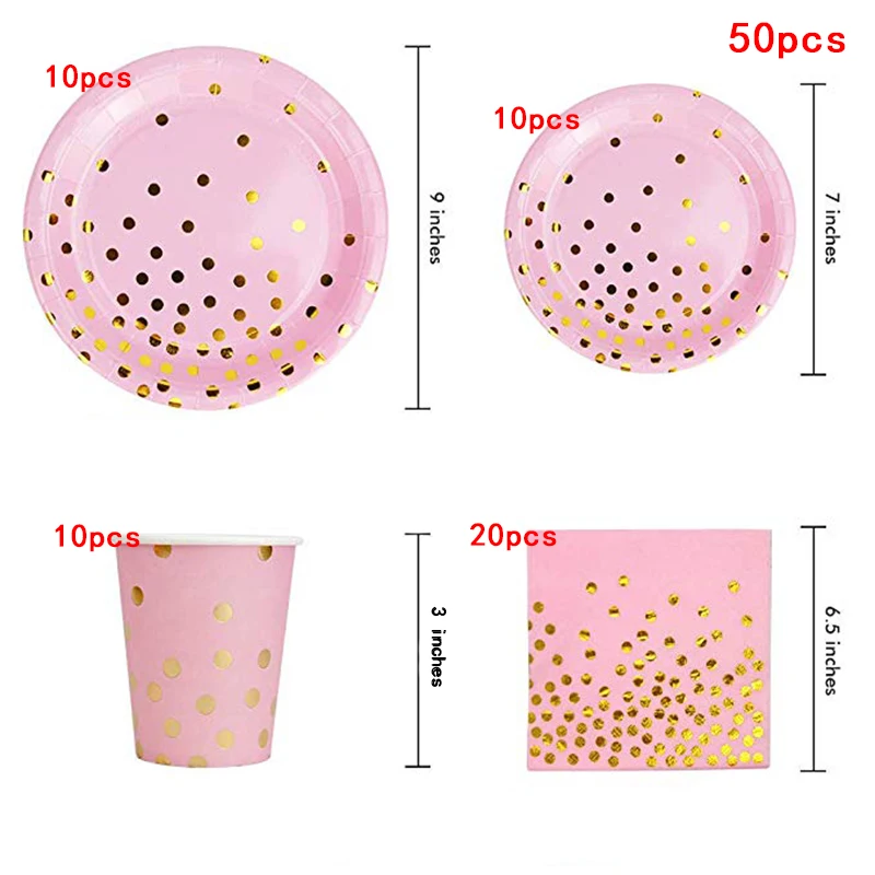 50pcs Pink Gold Foil Paper Adult Birthday Party Disposable Paper Cup Adult Decoration Disposable Paper Plate Set Anniversary Decorati - Цвет: 50pcs