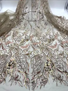 

African Lace Fabric 2020 High Quality Lace Gold French Lace Fabric With Beads Sequins Nigerian Lace Fabrics For Wedding Party