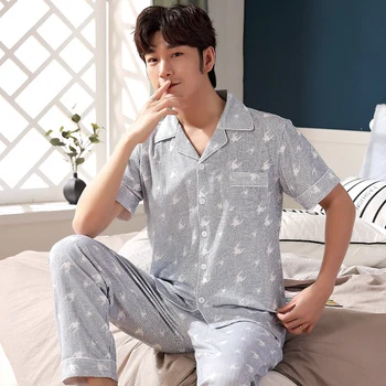 

Spring Knitted Cotton Men Pajamas Set Printed Pijamas Long Sleeve Turn-down Collar Male Sleepwear Plus Size 3XL Lounge Pyjamas