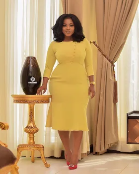 

2020 Autumn Plus Size Dress Women O-Neck Office Lady Pleated Solid Color With Button Office Lady Fishtail Summer Dress For Women
