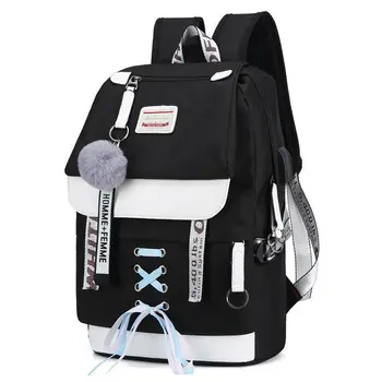 

Canvas Usb School Bags for Girls Teenagers Backpack Women Bookbags Black 2019 Large Capacity Middle High College Teen Schoolbag