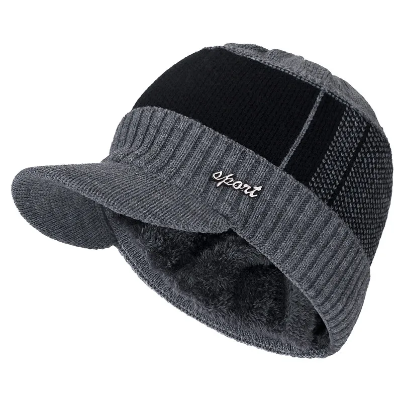 New Unisex Warm Winter Hat With Brim Add Fur Lined Beanie Hat Sports Label Thicken Winter Hats For Men Women Knitted Hat