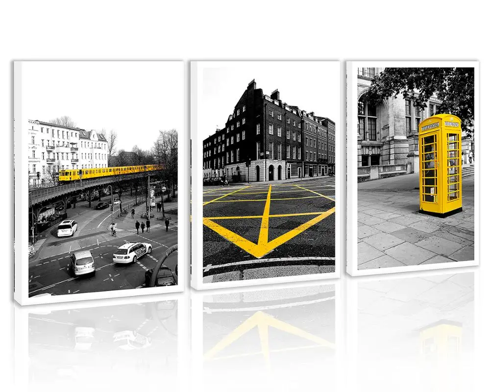

Black and White Yellow Building Tram Car Wall Art Decor People Tree Telephone Booth Canvas Painting Prints Pictures for Home