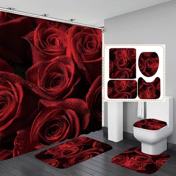 

Bathroom Set Valentine's Day Rose Curtain Waterproof Heart Pattern Shower Bathroom Toilet Cover Mat Non-Slip Bathroom Rug Set
