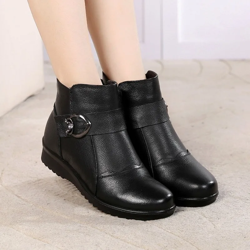 2019 Winter New Warm Wool Fur Ankle Boots Genuine Full Grain Leather Long Plush Snow Women High Quality Wedges Shoes | Обувь