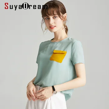 

SuyaDream Solid Blouse Women 100% Silk Crepe Short Sleeves Round Collar Blouse Shirt 2020 Summer Elegant Silk Chiffon Shirt