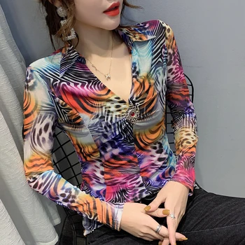 

Fashion Sexy V-Neck Mesh Print Blouse Women European Clothes 2020 Spring Casual Elastic Bottoming Shirt Ropa Mujer Tops T02611