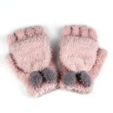 Зимние вязаные теплые перчатки без пальцев для женщин, варежки с откидной крышкой из искусственного меха, плотные студенческие офисные перчатки, модные