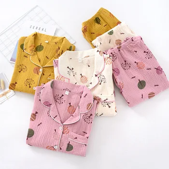 

100% Cotton Gauze Long Sleeve Tops+Pants Pajamas Sets Pajamas Printing Pijamas Summer Loungewear Women Sleepwear Home Sets