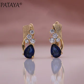 

PATAYA New Dark Blue Water Drop Natural Zircon Dangle Earrings Women Romantic Classic Fashion Jewelry 585 Rose Gold Fine Earring