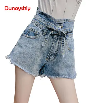 

Women Summer Denim Shorts New Fashion Casuall Simple High Waist Female Tide Shorts Zipper Waist Strap Bow Waist Tied Pocket
