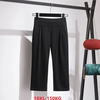 

summer plus size 8XL 9XL 10XL calf-length pants women office oversize pants loose elasticity pants Breathable 150KG 130KG black