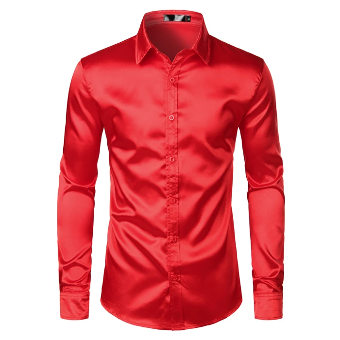 Royal Blue Silk Satin Shirt Men 2022 