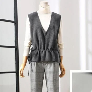 

Women Sleeveless Pullover Spring 2020 Korean Style Elegant Vintage V Neck Lace Up Waistcoat Knit Sweater Vest Gray Black T407