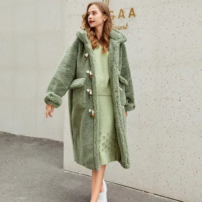 Зимнее пальто из искусственной овечьей шерсти, женское модное пальто из искусственного меха с роговой пряжкой, свободная Меховая куртка с капюшоном, женское плотное теплое пальто - Цвет: green