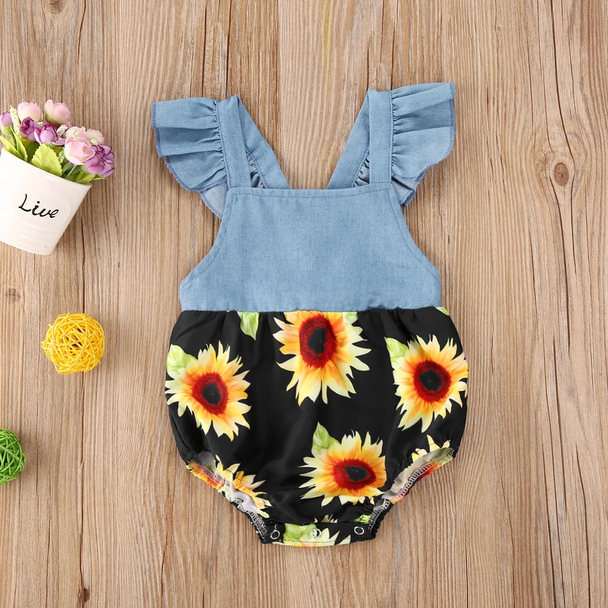 

0-24M Summer Cute Infant Baby Girls Bodysuits Sunflowers Print Patchwork Blue Jumpsuits Outfits
