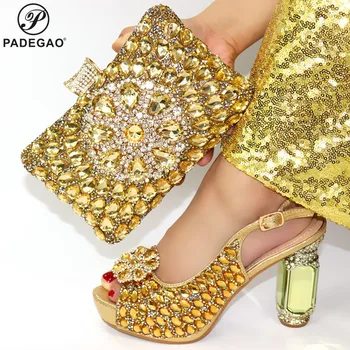 

2020 High Quality Pu Leather African Special Arrivals Shoes And Bag Set Golden Women Matching Shoes And Bag Set for Party