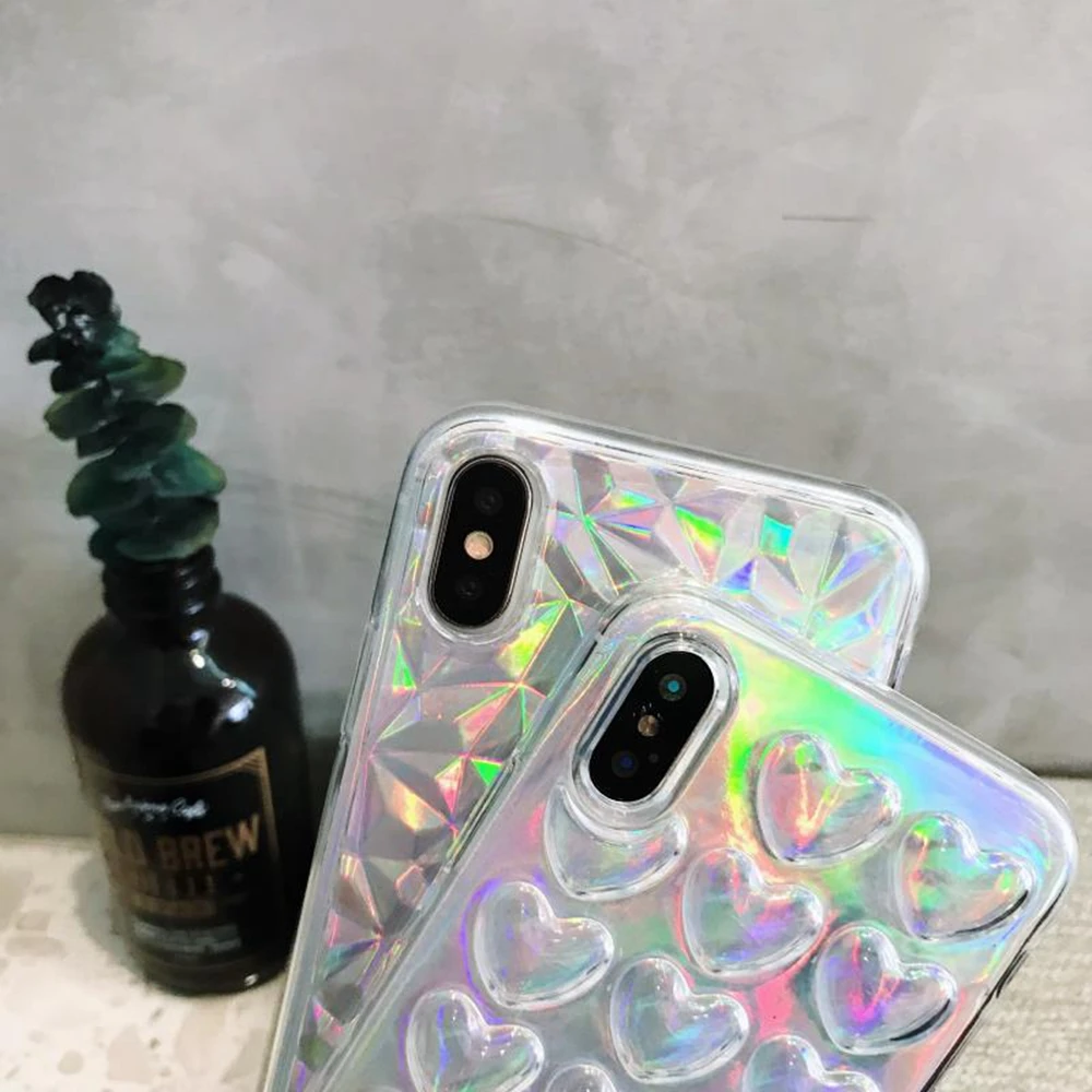 Лазерный градиентный 3D чехол для телефона с сердцем iPhone 6S 7 8 X прозрачный