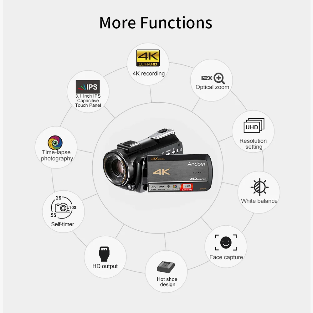 Andoer AC5 4K UHD 24MP Цифровая видеокамера регистратор DV 3,1 дюймов ips сенсорный 12X оптический зум покадровая камера