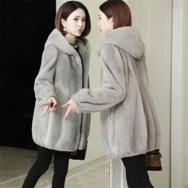 2023 New Imitation Mink Fur Loose Hooded Thick Mid-Length Coat Women's Winter Middle-Aged Mother's Winter Coat Mujer Elegant