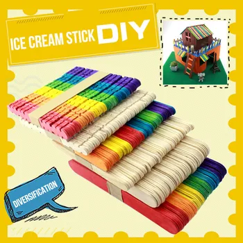 

50Pcs/Lot Colored Wooden Popsicle Sticks Natural Wood Ice Cream Sticks Kids DIY Hand Crafts Art Ice Cream Lolly Cake Tools
