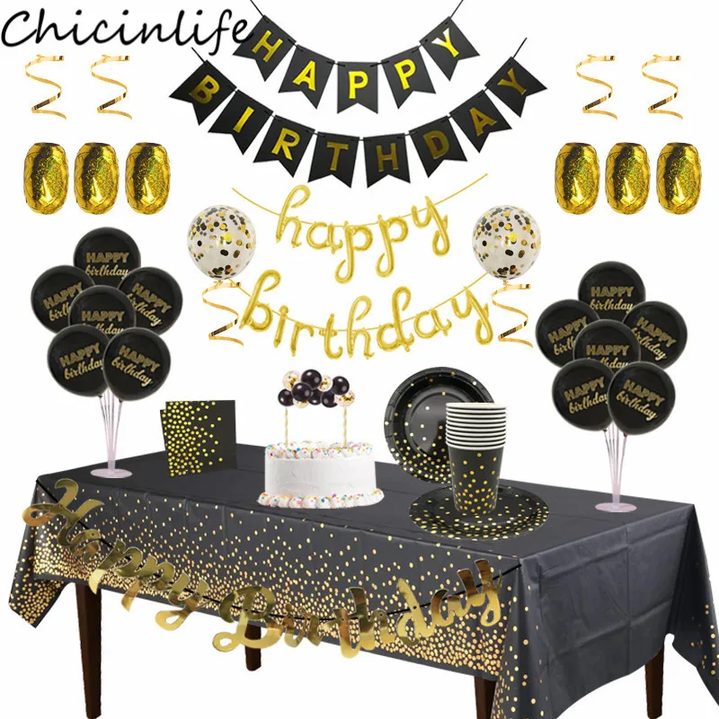 

Black Gold Happy Birthday Banner Cupcake Toppers Number Foil Balloon Kids Adult Birthday Party Anniversary Decoration Supplies