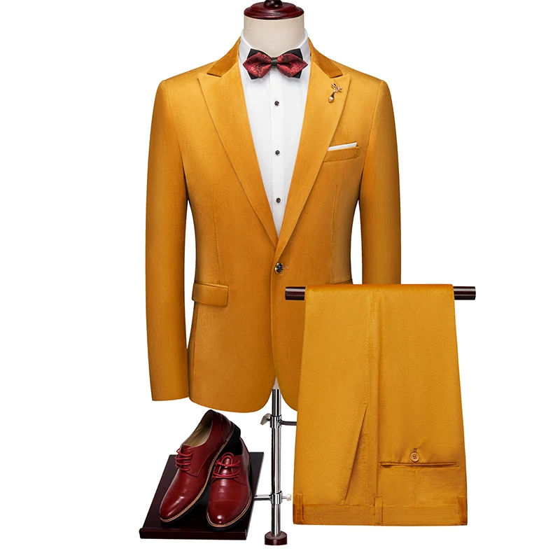 

2019 Wedding Marriage suits men Autumn Velvet Yellow Black two piece casual business event suit set Slim fit 5XL blazers pants