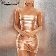 Colysmo лазерное цветное летнее платье с рюшами на бретельках, с вырезом лодочкой, Сексуальные вечерние платья, новинка, мини облегающее платье с открытыми плечами