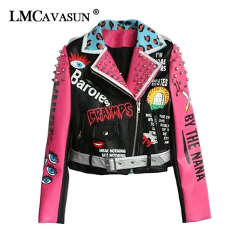 

LMCAVASUN Rivet Decoration Jacket 2019 Autumn Outerwear Long Sleeve Patchwork Coat for Women Letters Print PU Leather Jacket