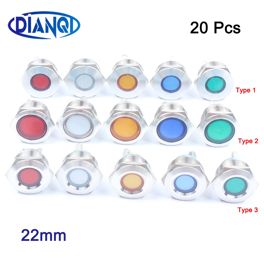 20pcs 22mm Waterproof Metal LED Warning Indicator Light Signal Lamp Pilot Wire power light 3V5V12V24V110V220V Screw pin terminal |