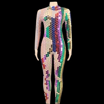

Shining Multi-color Mirror Rhinestone Transparent Jumpsuit Long Sleeve Birthday Prom Party Dress Dancer Show Outfit Stage Wear