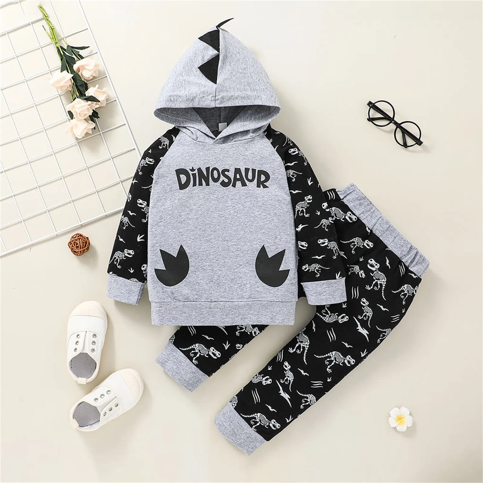 Toddler Baby Boys Clothes Dinosaur Hooded Sweatshirt +pants Winter Kids