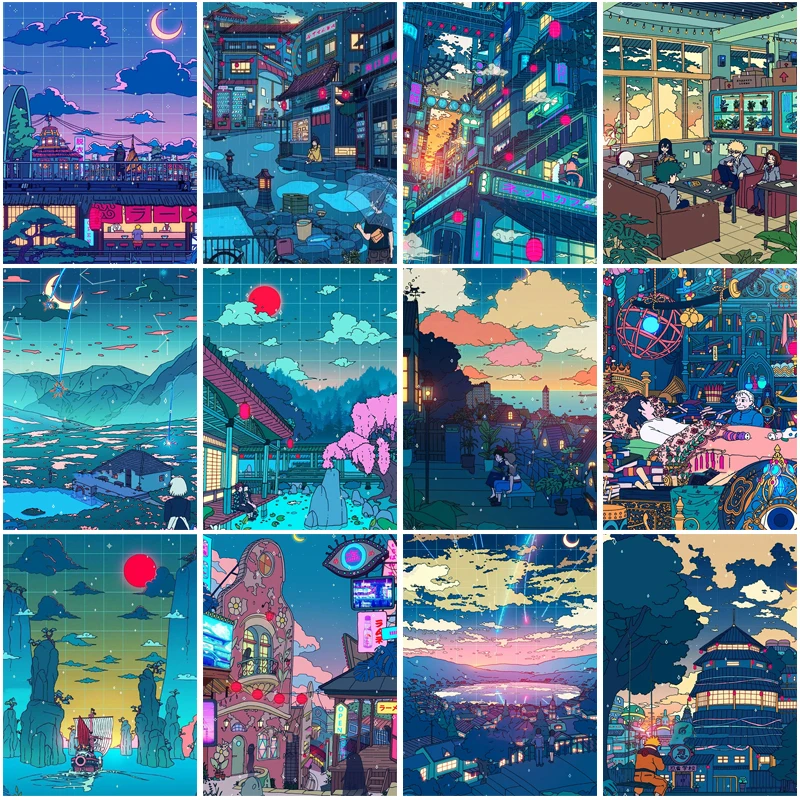 5D Diy Diamond Painting Japanese Anime Night Scene Embroidery Mosaic Picture Full Room Decoration Wall Sticker | Дом и сад