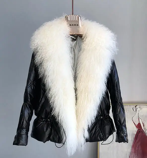 DEAT зимняя женская куртка с воротником из натурального меха, белые пуховые пальто, Короткие свободные парки, верхняя одежда, водонепроницаемые блестящие куртки MG556 - Цвет: Black