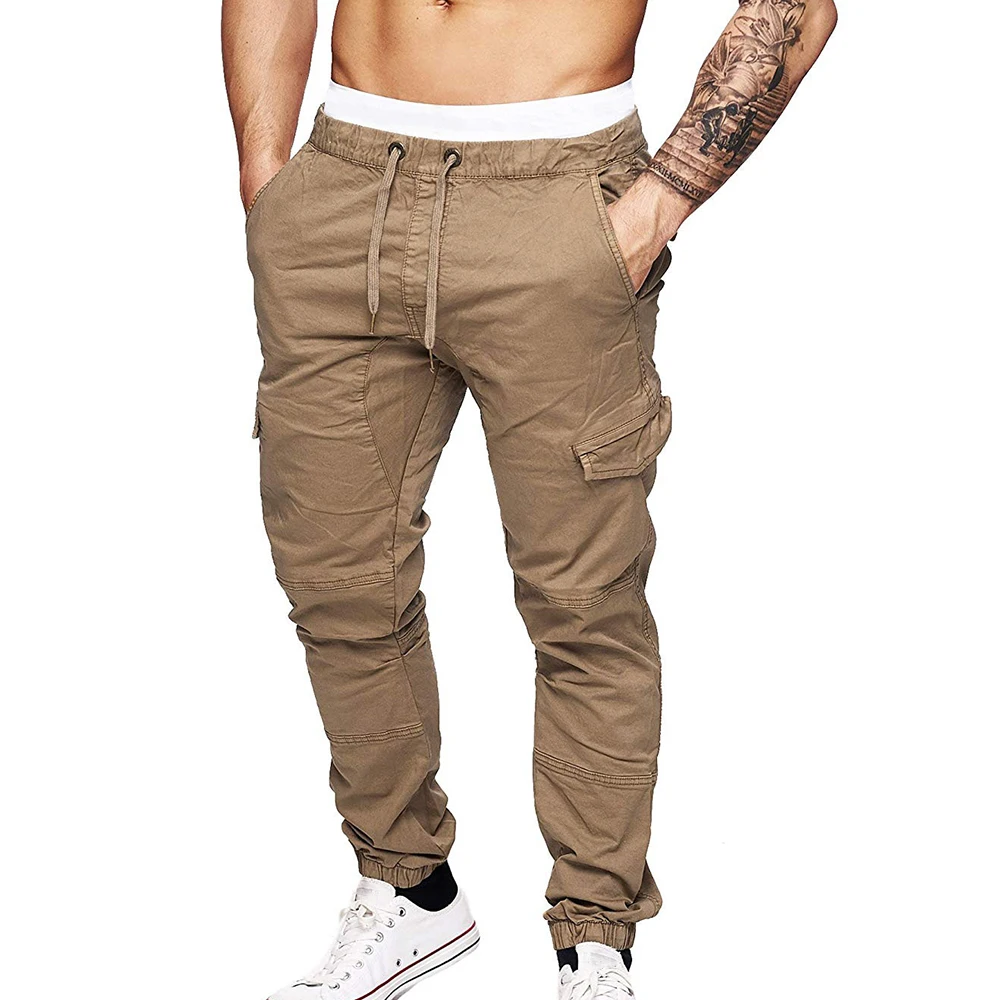 

2019 Autumn Winter Jogging Sweatpants Trousers Men's Casual Solid Multi-pocket Slim Fit Drawstring Waist Cago Pants
