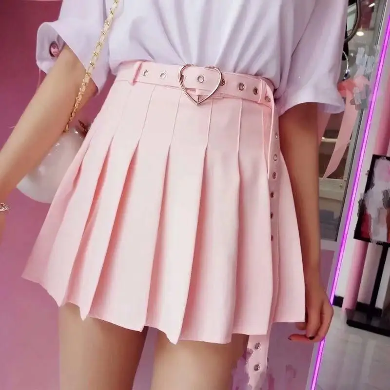 Плиссированная юбка в стиле Харадзюку в стиле панк с поясом в форме сердца для женщин и девочек, однотонные мини юбки с высокой талией, модная пикантная юбка с поясом
