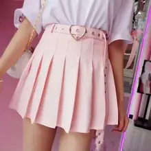 Плиссированная юбка в стиле Харадзюку в стиле панк с поясом в форме сердца для женщин и девочек, однотонные мини юбки с высокой талией, модная пикантная юбка с поясом