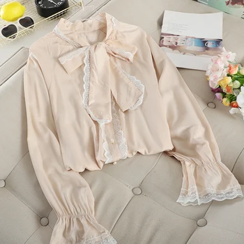 

Sweet Lace-up Bow Lace Spliced Blouse Women's 2020 New Spring Solid Color Chiffon Blouse Shirt Female Loose Long Sleeve Tops