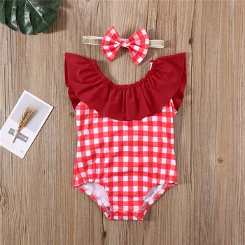 

1-7 Years Toddler Baby Girl Swimwear Summer Beach Wear Red Plaid Swimsuit For Girls New One Piece Bathing Suit