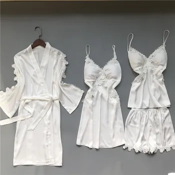 

2020 Pajamas for Women Summer Clothes for Women Silk Pyjamas 4 Pieces Pj Set Sexy Night Suit with Pad Homewear Pijamas Women